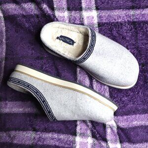 GREY SCUFF SLIPPERS 6.5 Nautica Blue Fleece Spring Fall Warm Casual Logo